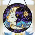 Mystical sun and moon face stained glass suncatcher window hanging, suitable for home and garden decoration