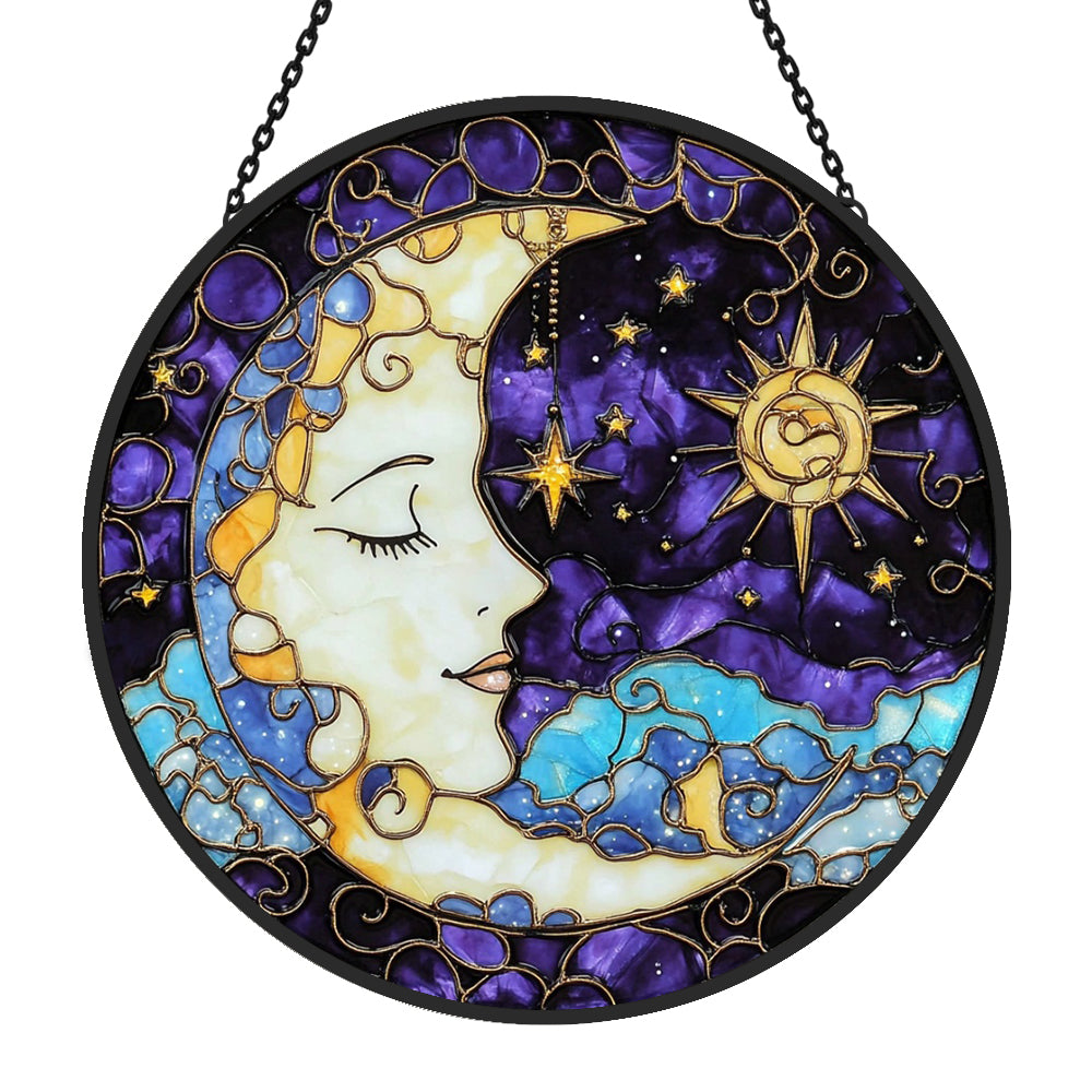 Mystical sun and moon face stained glass suncatcher window hanging, suitable for home and garden decoration