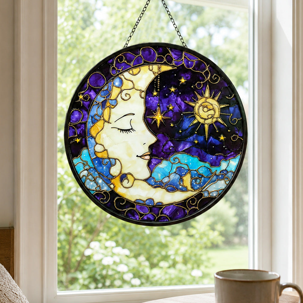 Mystical sun and moon face stained glass suncatcher window hanging, suitable for home and garden decoration