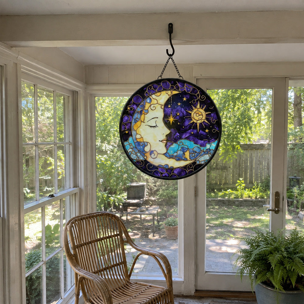 Mystical sun and moon face stained glass suncatcher window hanging, suitable for home and garden decoration