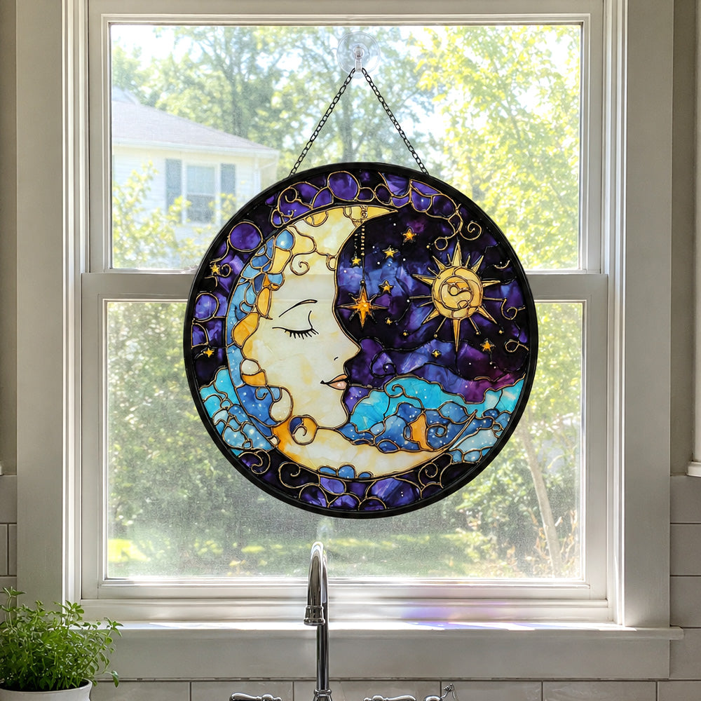 Mystical sun and moon face stained glass suncatcher window hanging, suitable for home and garden decoration