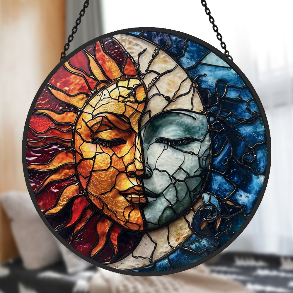 Mystical sun and moon face-2 stained glass suncatcher window hanging, suitable for home and garden decoration