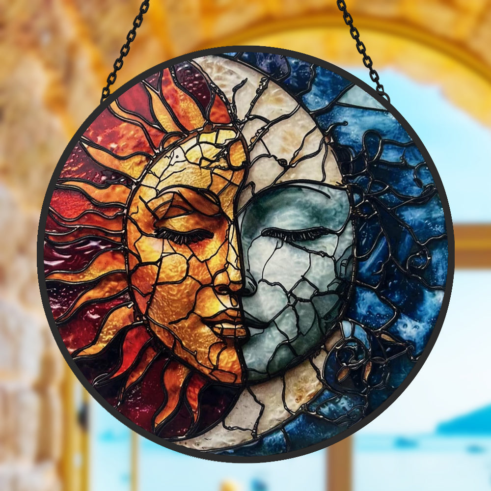 Mystical sun and moon face-2 stained glass suncatcher window hanging, suitable for home and garden decoration