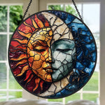 Mystical sun and moon face-2 stained glass suncatcher window hanging, suitable for home and garden decoration