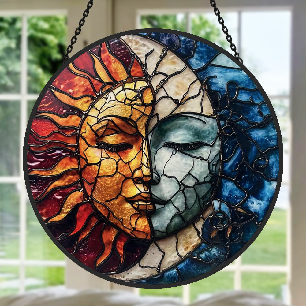 Mystical sun and moon face-2 stained glass suncatcher window hanging, suitable for home and garden decoration