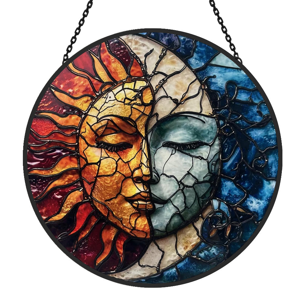 Mystical sun and moon face-2 stained glass suncatcher window hanging, suitable for home and garden decoration
