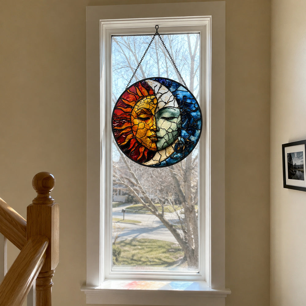 Mystical sun and moon face stained glass suncatcher window hanging, suitable for home and garden decoration