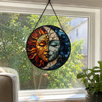 Mystical sun and moon face stained glass suncatcher window hanging, suitable for home and garden decoration