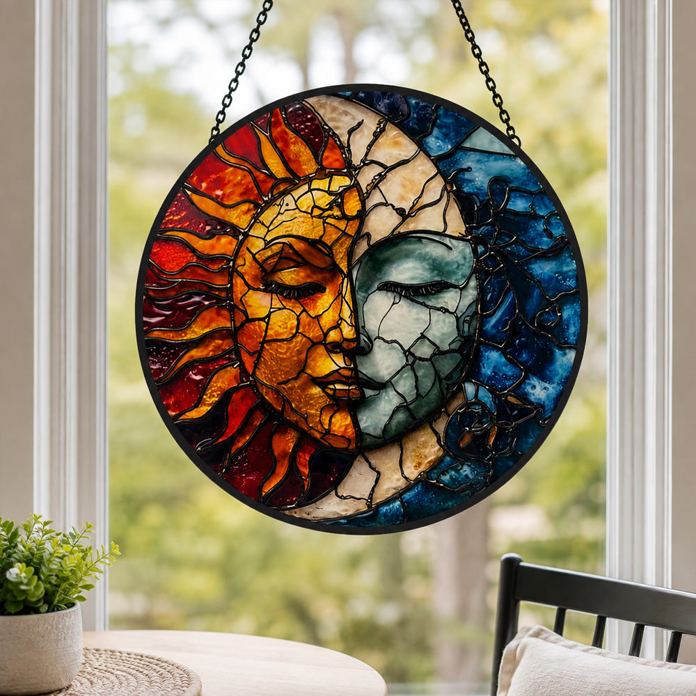 Mystical sun and moon face stained glass suncatcher window hanging, suitable for home and garden decoration