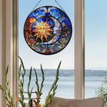 Mystical sun and moon stained glass suncatcher window hanging, suitable for home and garden decoration