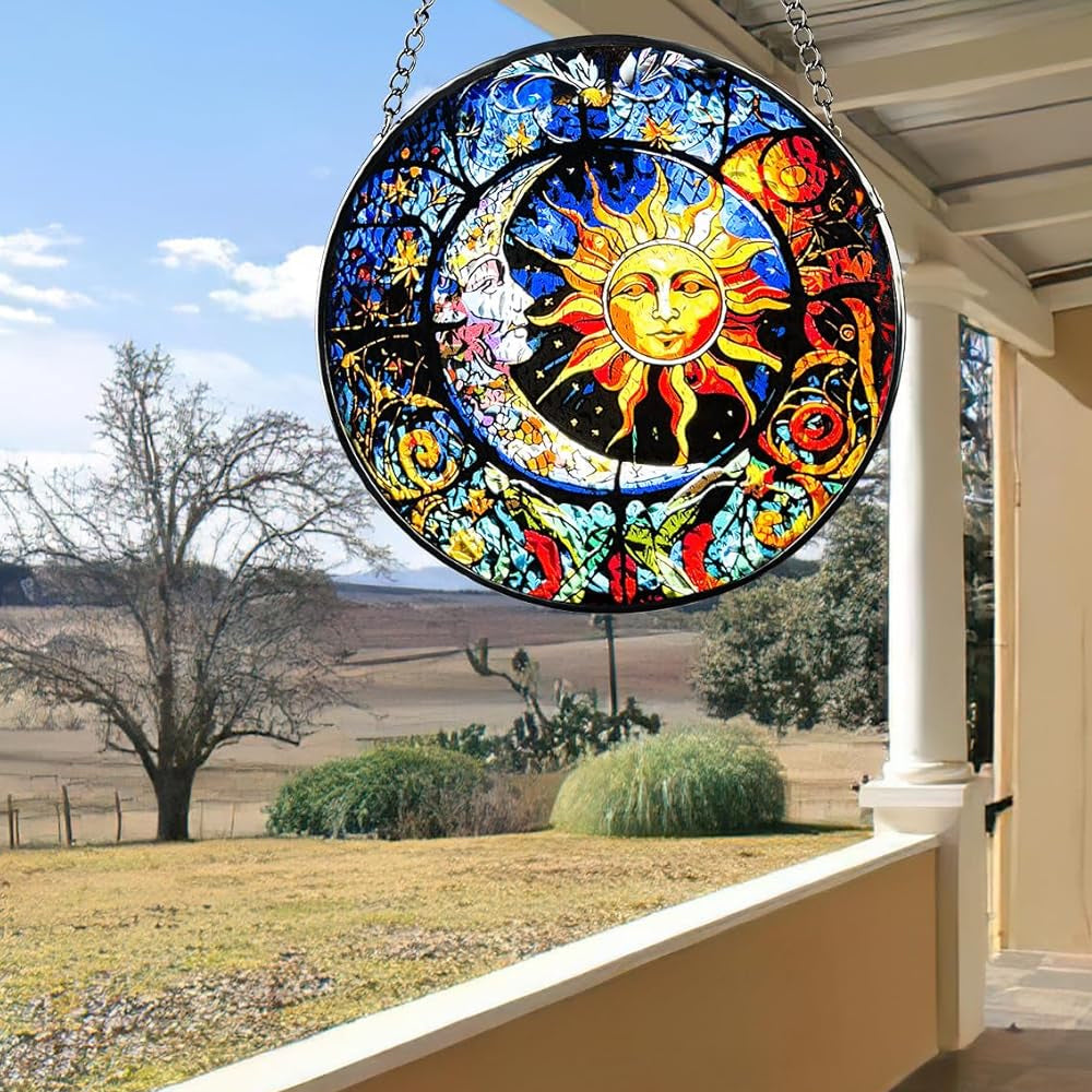 Mystical sun and moon stained glass suncatcher window hanging, suitable for home and garden decoration
