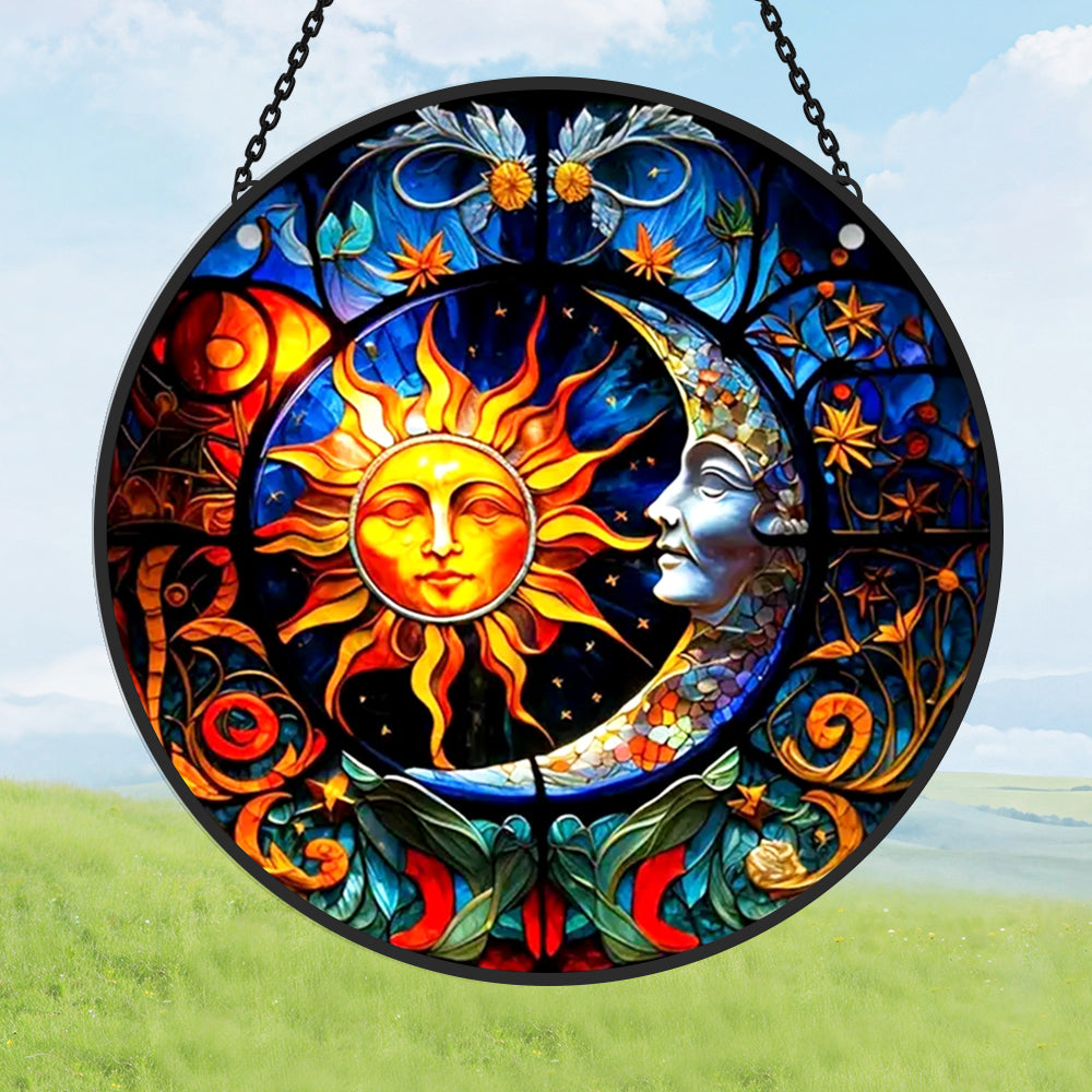 Mystical sun and moon stained glass suncatcher window hanging, suitable for home and garden decoration