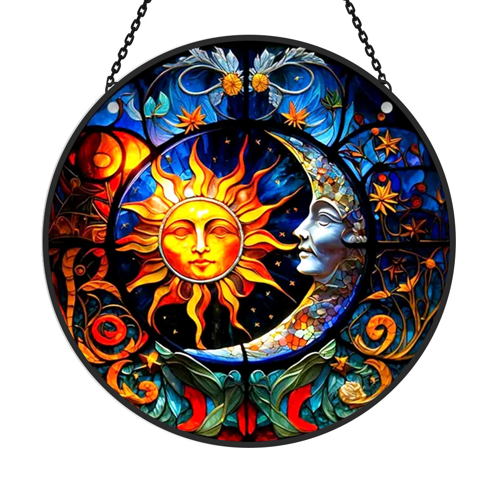 Mystical sun and moon stained glass suncatcher window hanging, suitable for home and garden decoration