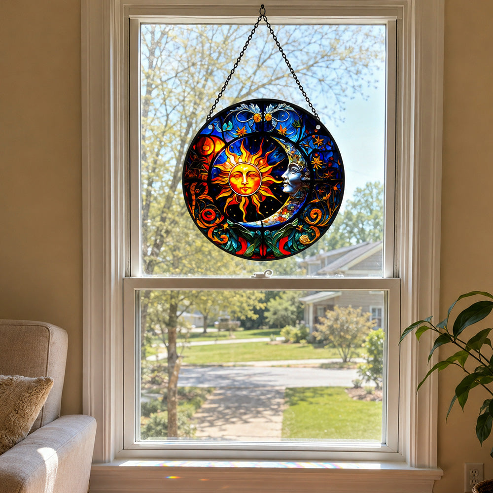 Mystical sun and moon stained glass suncatcher window hanging, suitable for home and garden decoration