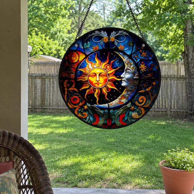 Mystical sun and moon stained glass suncatcher window hanging, suitable for home and garden decoration