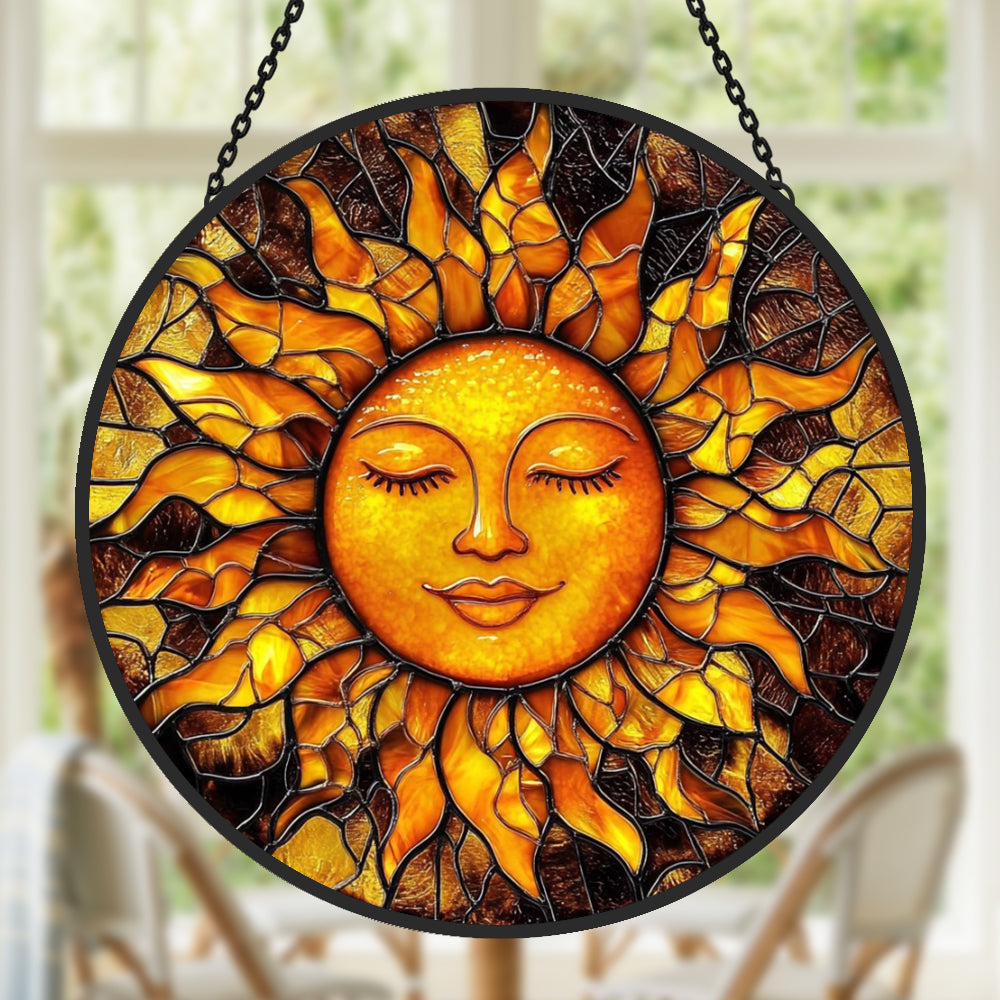 Mystical sun face stained glass suncatcher window hanging, suitable for home and garden decoration