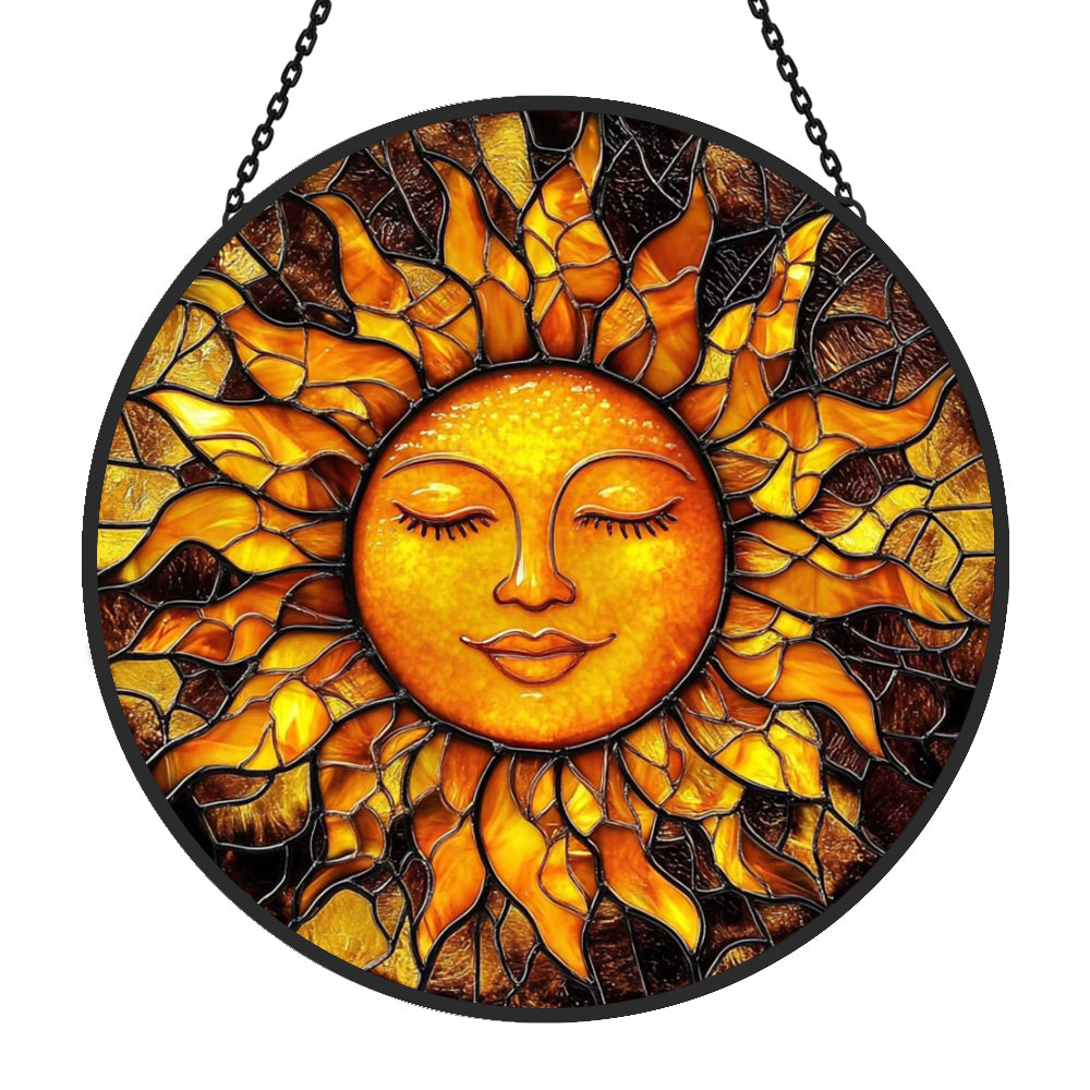 Mystical sun face stained glass suncatcher window hanging, suitable for home and garden decoration