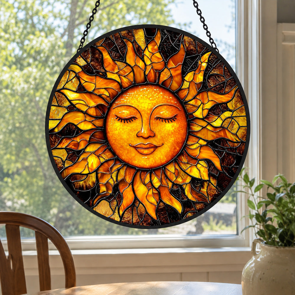 Mystical sun face stained glass suncatcher window hanging, suitable for home and garden decoration