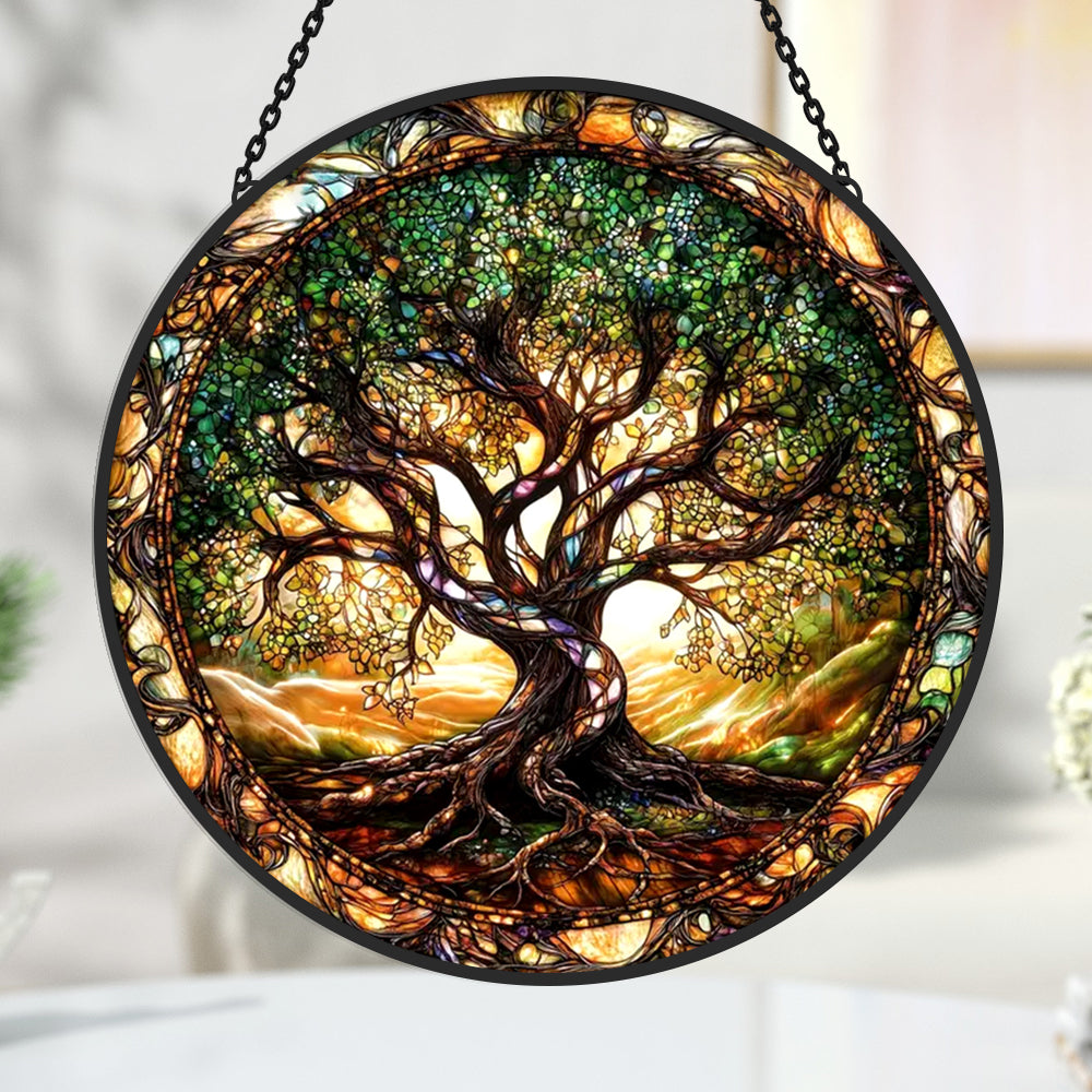 Mystical tree of life stained glass suncatcher window hanging, suitable for home and garden decoration