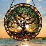 Mystical tree of life stained glass suncatcher window hanging, suitable for home and garden decoration