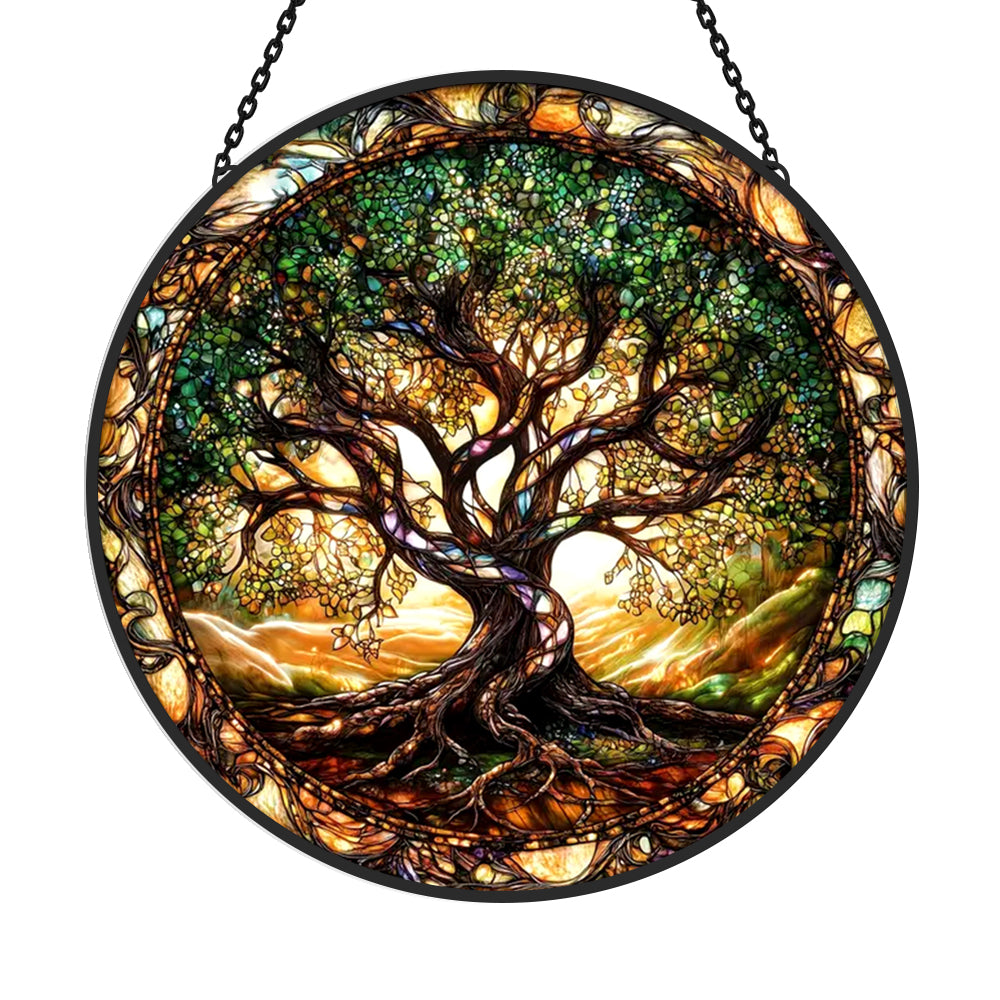 Mystical tree of life stained glass suncatcher window hanging, suitable for home and garden decoration