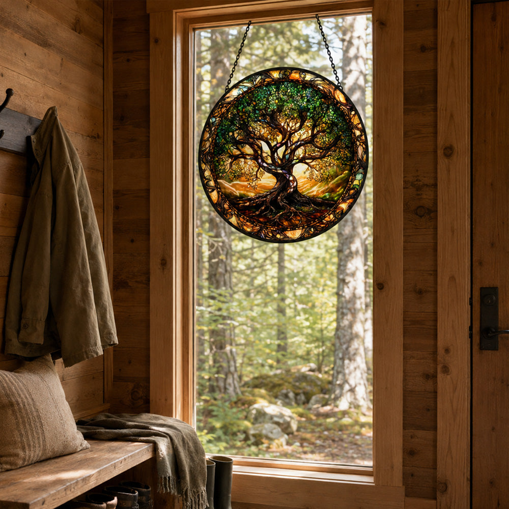 Mystical tree of life stained glass suncatcher window hanging, suitable for home and garden decoration