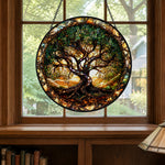 Mystical tree of life stained glass suncatcher window hanging, suitable for home and garden decoration