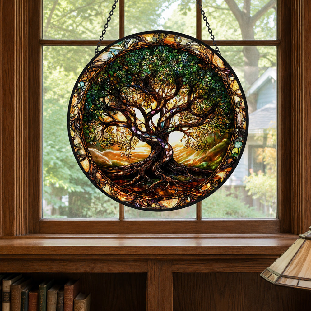 Mystical tree of life stained glass suncatcher window hanging, suitable for home and garden decoration