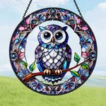Mystical vibrant blue owl stained glass suncatcher window hanging, suitable for home and garden decoration
