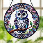Mystical vibrant blue owl stained glass suncatcher window hanging, suitable for home and garden decoration