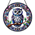 Mystical vibrant blue owl stained glass suncatcher window hanging, suitable for home and garden decoration