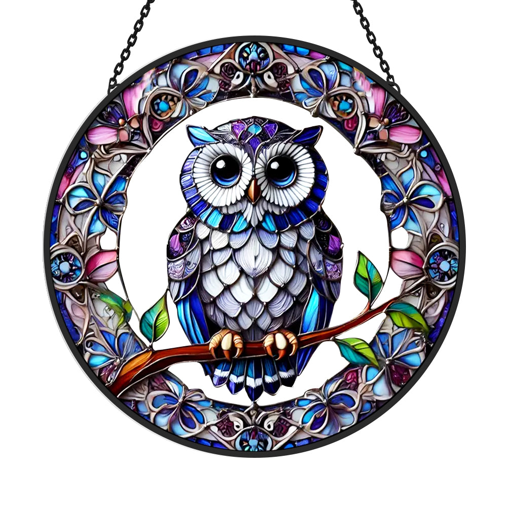 Mystical vibrant blue owl stained glass suncatcher window hanging, suitable for home and garden decoration