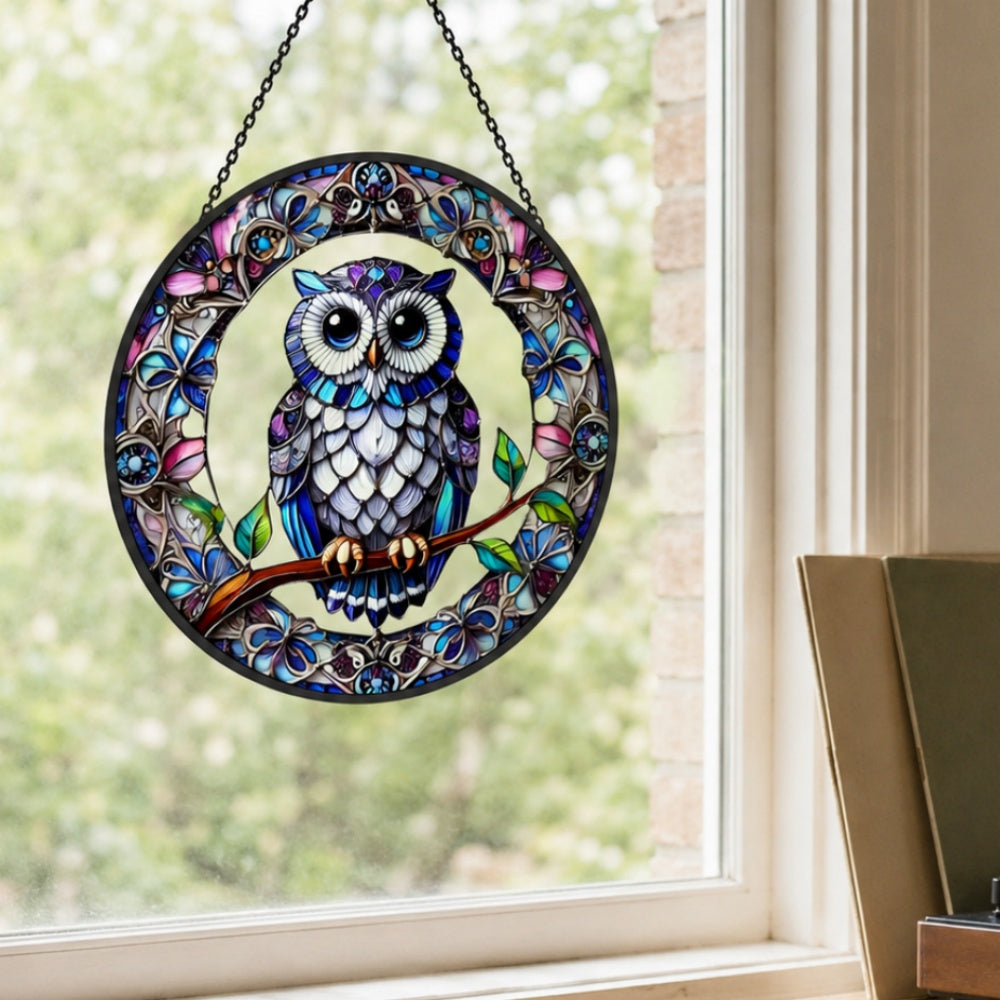 Mystical vibrant blue owl stained glass suncatcher window hanging, suitable for home and garden decoration