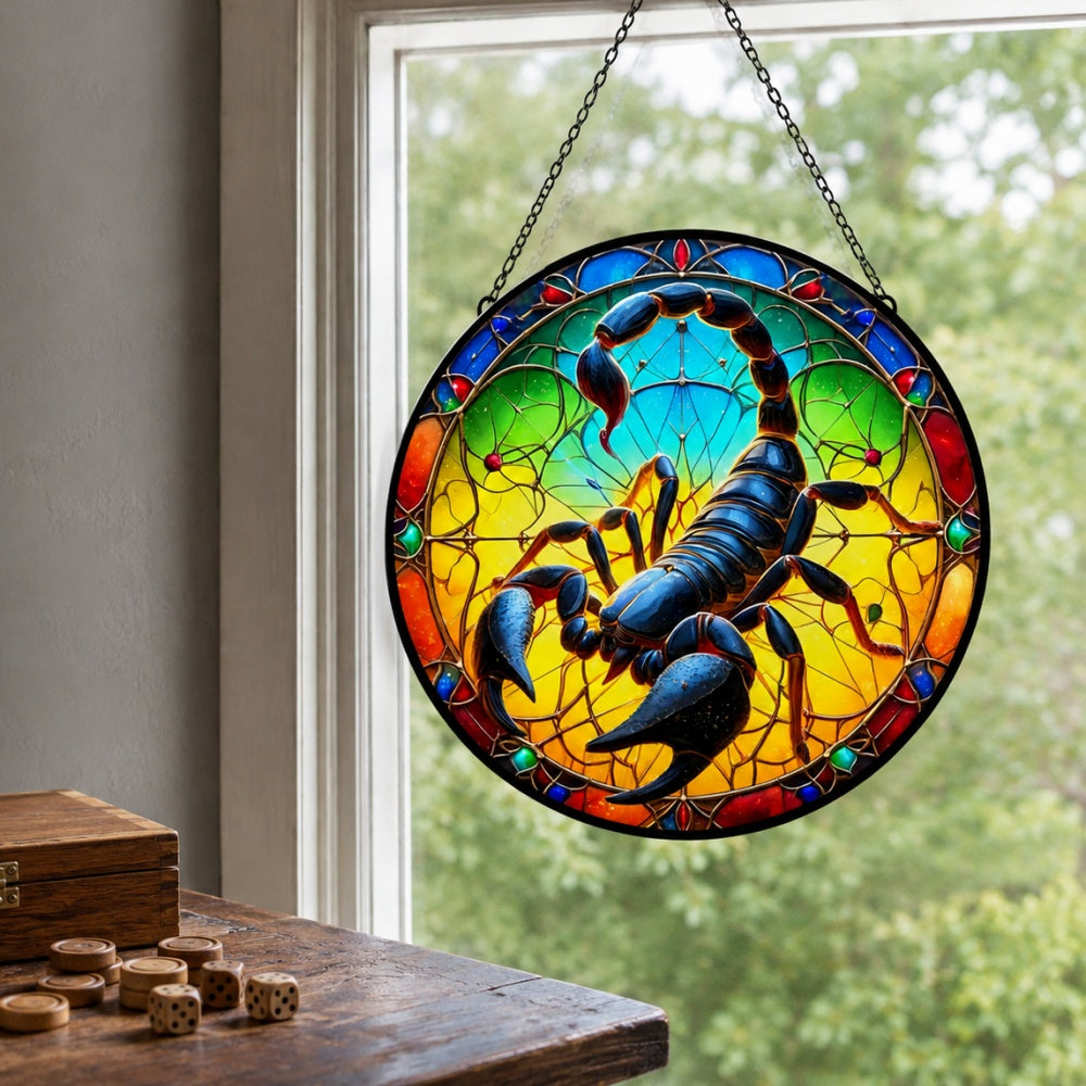 Mystical zodiac scorpio stained glass suncatcher window hanging, suitable for home and garden decoration