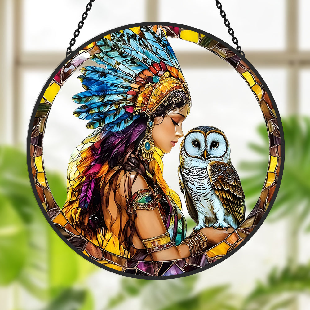 Native american maiden owl stained glass suncatcher window hanging, suitable for home and garden decoration