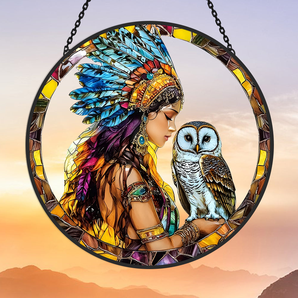 Native american maiden owl stained glass suncatcher window hanging, suitable for home and garden decoration