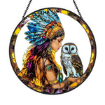 Native american maiden owl stained glass suncatcher window hanging, suitable for home and garden decoration