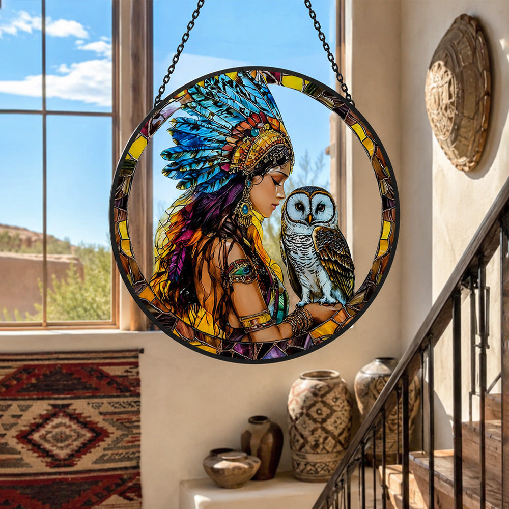 Native american maiden owl stained glass suncatcher window hanging, suitable for home and garden decoration