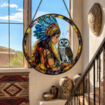 Native american maiden owl stained glass suncatcher window hanging, suitable for home and garden decoration