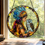 Native american maiden owl stained glass suncatcher window hanging, suitable for home and garden decoration