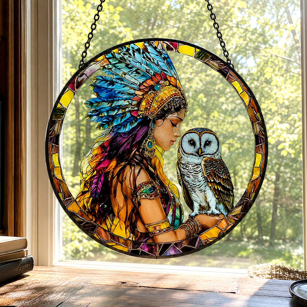 Native american maiden owl stained glass suncatcher window hanging, suitable for home and garden decoration