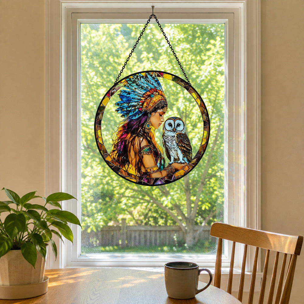 Native american maiden owl stained glass suncatcher window hanging, suitable for home and garden decoration