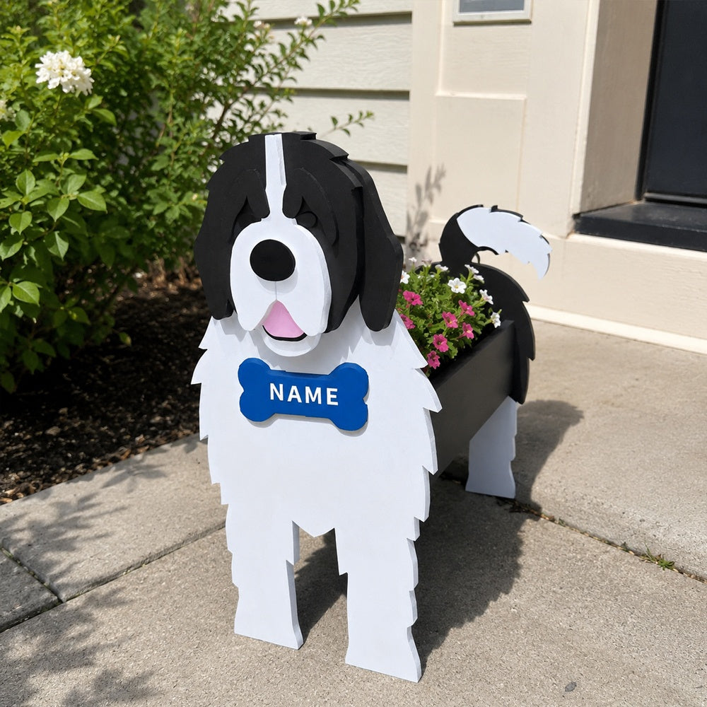 Newfoundland dog planter filled with fresh flowers is placed in the garden