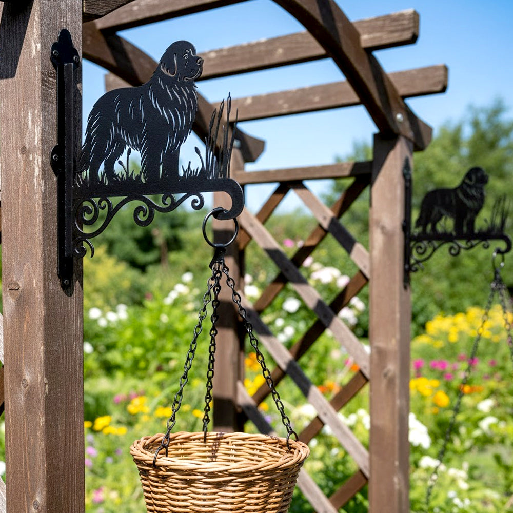 Newfoundland metal hanging basket bracket mounted on outdoor wall for plant decoration