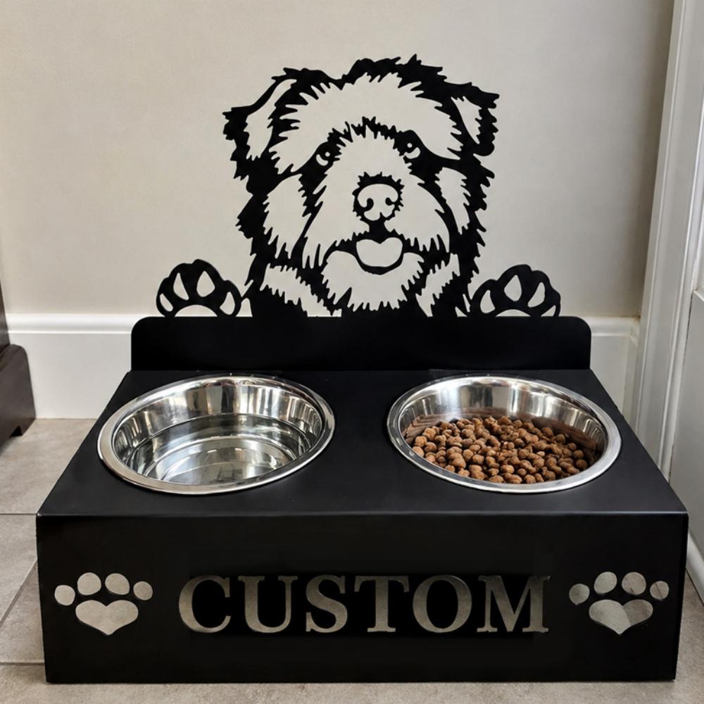 Personalized norfolk norwich terrier metal dog bowl stand with custom name cutout and two removable feeding bowls