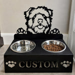 Personalized norfolk norwich terrier metal dog bowl stand with custom name cutout and two removable feeding bowls