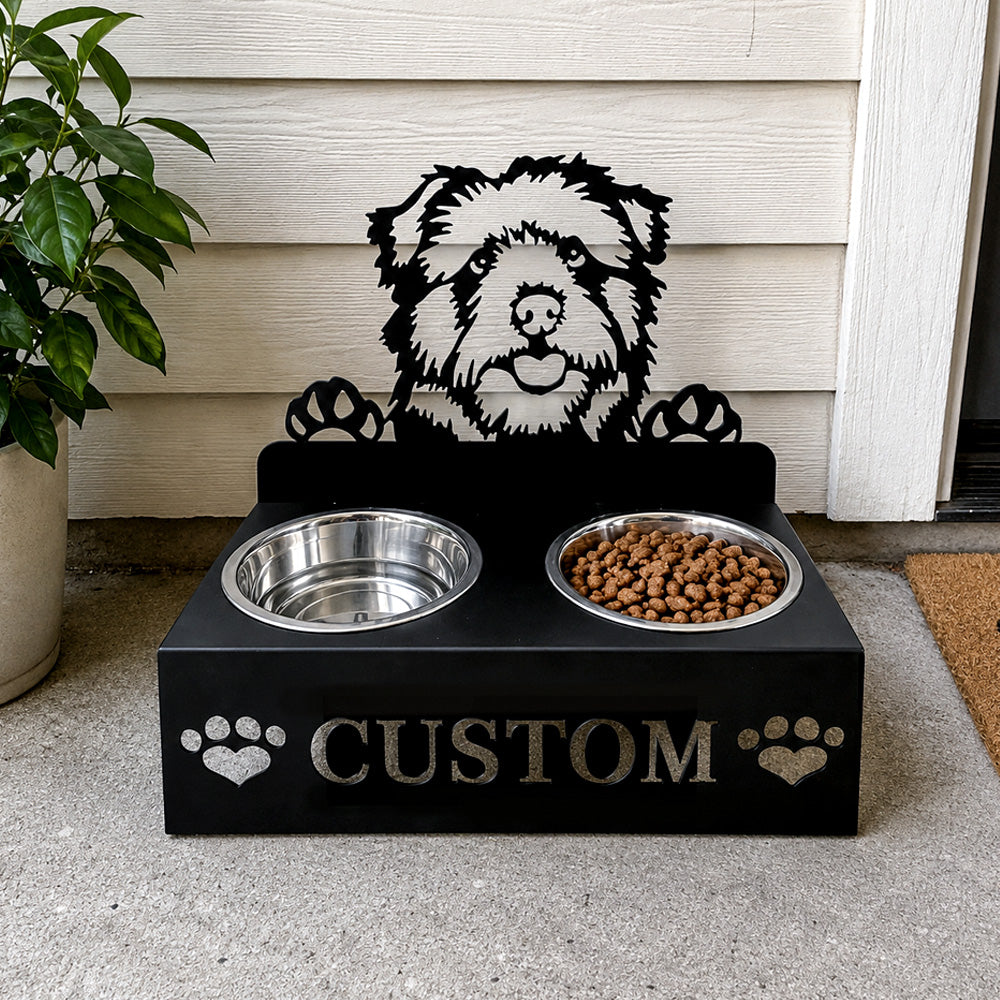 Personalized norfolk norwich terrier metal dog bowl stand with custom name cutout and two removable feeding bowls