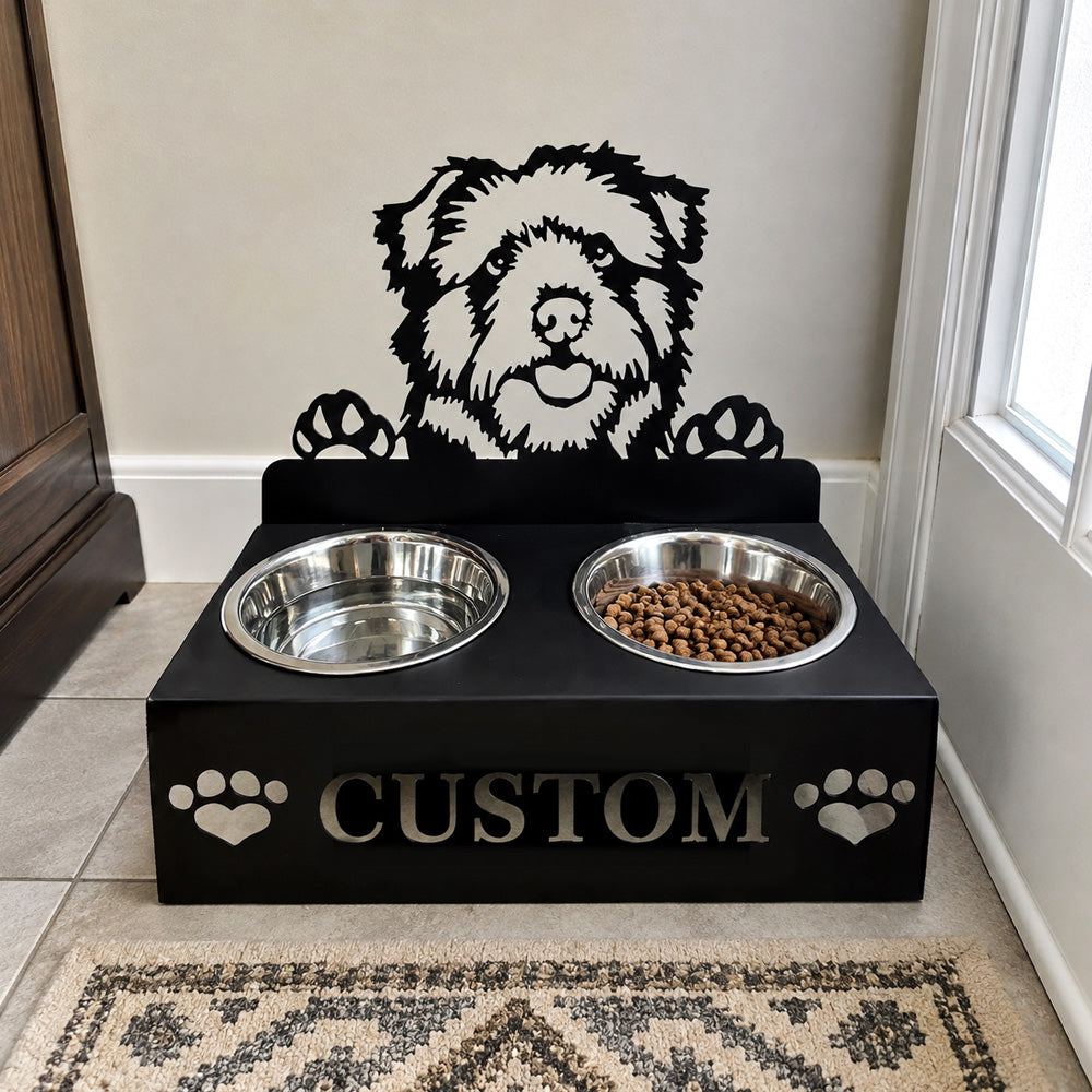 Personalized norfolk norwich terrier metal dog bowl stand with custom name cutout and two removable feeding bowls
