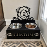 Personalized norfolk norwich terrier metal dog bowl stand with custom name cutout and two removable feeding bowls
