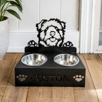 Personalized norfolk norwich terrier metal dog bowl stand with custom name cutout and two removable feeding bowls